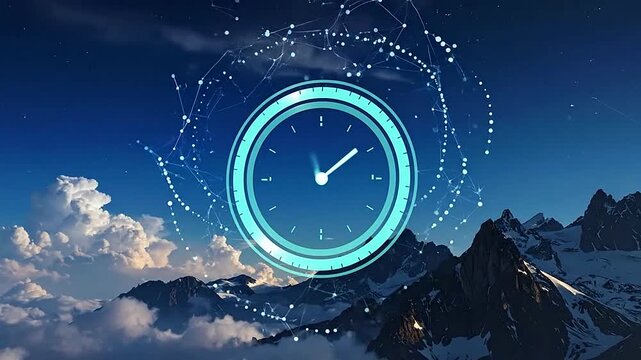 A glowing digital clock floats above a mountain range at night