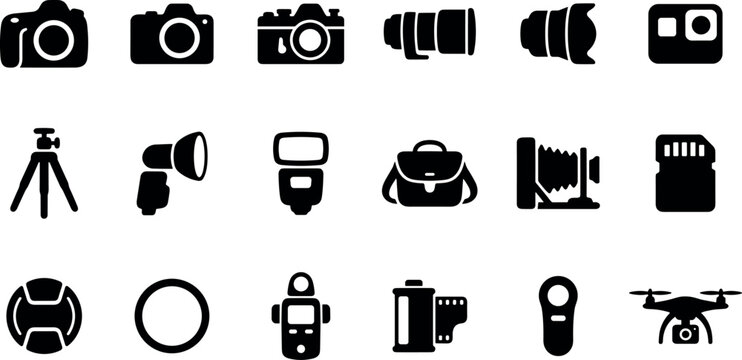 Photography and video equipment solid black icon set including camera lens tripod drone film flash and memory card isolated on whitePhotography and video equipment solid black icon set including camer