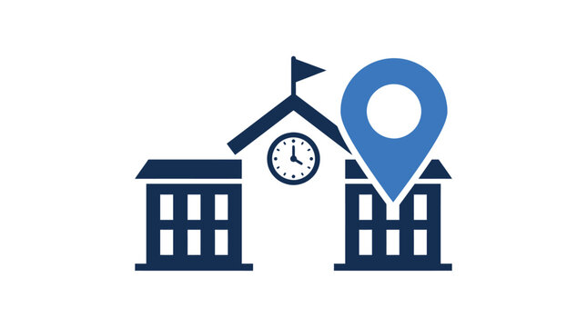 Minimalist blue vector illustration of a school building featuring a prominent location pin map icon