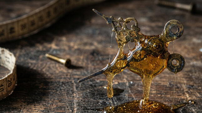 Vintage Brass Clock Mechanism Tangled In Thick Dripping Honey