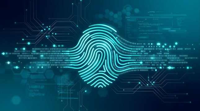 Futuristic biometric fingerprint security concept with digital circuits.