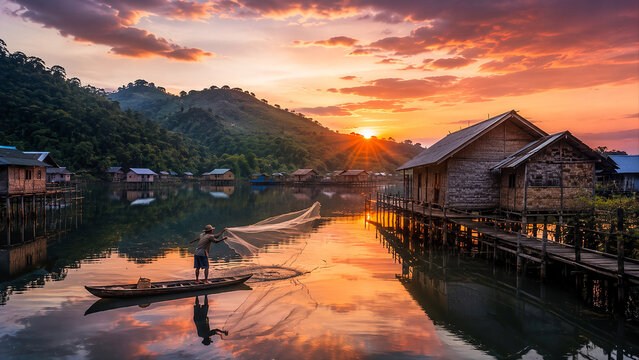 Traditional fisherman throwing net from a small wooden boat in a floating village at sunrise
