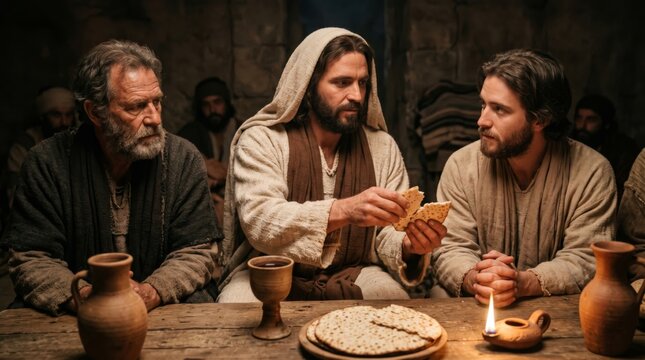 Jesus breaking bread with disciples at the last supper. Religious scene featuring men in ancient robes at a wooden table with flatbread and wine goblet. Christian faith worship concept.