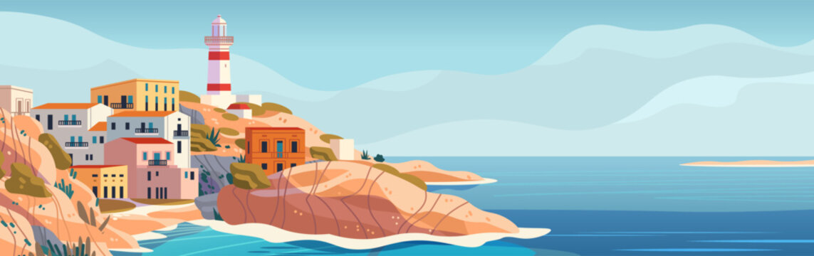 Mallorca Spain coastal town lighthouse Mediterranean sea cliffs colorful buildings scenic landscape blue sky web banner