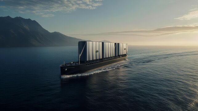 Innovative shipping vessel navigating serene waters coastal region aerial view maritime industry sustainability concept