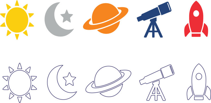 Sun, moon, Saturn planet, telescope, and rocket icons provide a comprehensive collection of celestial bodies and space exploration symbols rendered in both solid colors and clean thin line profiles.