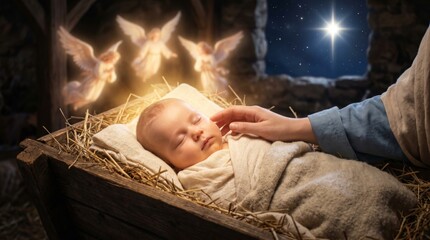 Obraz premium Baby jesus sleeping in a manger with mother hand resting on baby. Nativity scene with flying angels and bright star in background. Traditional religious holiday celebration of Christmas.