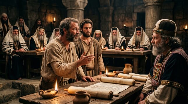 Biblical man speaking to high priest in ancient temple. Religious scene depicting debate in synagogue. Historical reenactment of theological discussion with parchment scrolls and oil lamp.