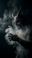 Obraz premium Sinister demon silhouette moving through dark smoke and fire. Dramatic horror vertical portrait for halloween and gaming design. 