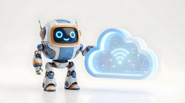 Cute friendly robot gesturing towards glowing digital cloud icon with wifi signal on white background