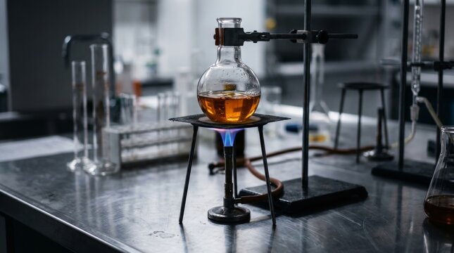 Round bottom flask with yellow liquid heated on Bunsen burner in laboratory. Scientific experiment in glass beaker. Chemical research, development of medicine and pharmacy technology.