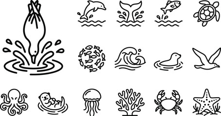 Collection of black and white line depicting marine life and ocean © GR Graphics