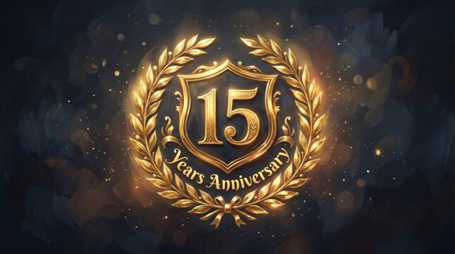 Golden laurel wreath emblem with number 15 for anniversary celebration. Decorative shield symbol for fifteen year milestone event. Luxury badge design for corporate or wedding jubilee.