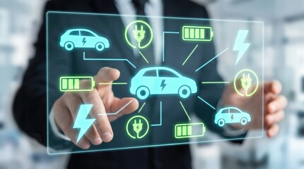 Obraz premium EV Charging and Green Energy Management Concept: Floating Cyan and Light Green Tech Interface with Electric Cars, Battery Status, and Lightning Bolt Icons