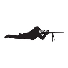 Obraz premium Hunter lying in prone position silhouette vector graphic of sniper aiming long rifle with bipod