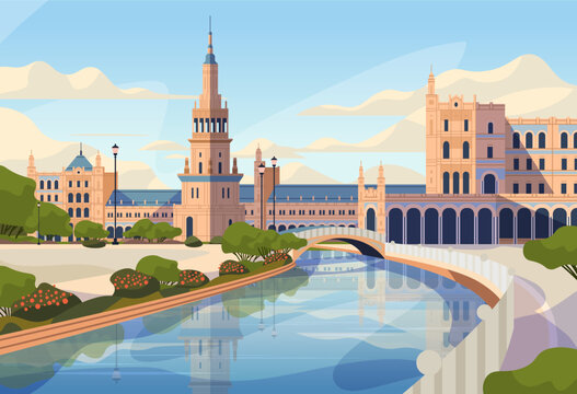 Plaza de Espa&ntilde;a Seville Spain cityscape landmark architecture river bridge park landscape historic buildings blue sky