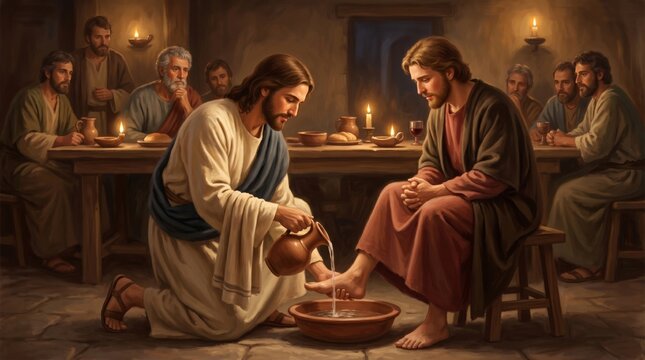 Jesus washing the feet of a man representing a disciple during the last supper. Biblical scene depicting humility and service. Religious historical event for Easter celebration.