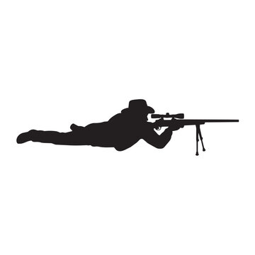Hunter lying in prone position silhouette vector graphic of sniper aiming long rifle with bipod