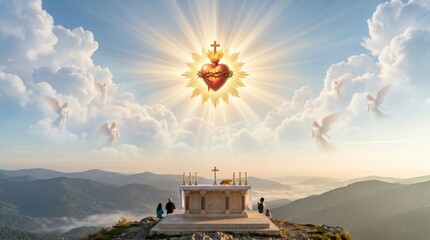 Obraz premium Sacred heart representing divine love above a Christian altar on a mountaintop. Religious worship concept with angels and light. Catholic faith and spiritual belief during Easter.
