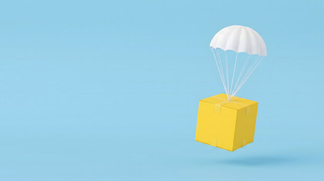 Conceptual illustration of a yellow cardboard delivery box falling with a white parachute