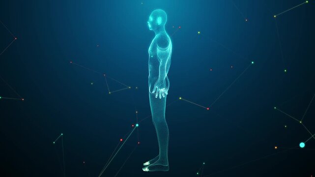 Blue glowing human silhouette stands center frame. Network lines connect body to scattered dots. Dots pulse with soft green and yellow light. Digital nodes suggest neural or biological pathways