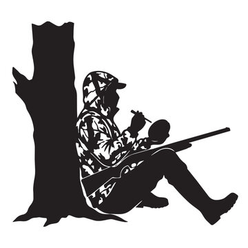 Turkey hunter sitting by tree trunk silhouette vector illustration of camouflaged hunter using box call