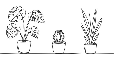Continuous line drawing of set of three indoor house plants in pots including monstered cactus and snake plant illustration. © ALBART