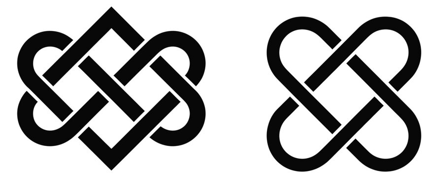 Set of two abstract Celtic knot designs featuring interlaced patterns in black isolated on a clean white background vector illustration.