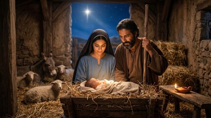 Fototapeta premium Woman and man standing over baby in manger. Nativity scene with nativity of Jesus. Holy family inside wooden stable with animal. Traditional religious celebration of Christmas holiday.