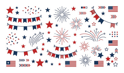 Obraz premium Fourth of july graphic elements collection with fireworks stars bunting flags confetti and arrows.