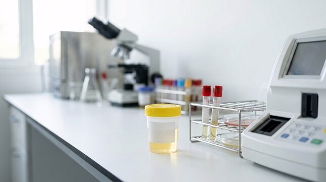A bright laboratory bench with a urine sample cup, test tubes, a microscope, and other medical testing equipment.