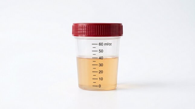 A clear plastic specimen container with a red lid, partially filled with yellow liquid, likely urine, for medical testing on a white background.