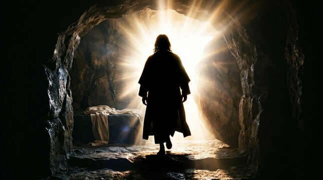 Man walking out of cave into bright light. Resurrection of Jesus Christ conceptual representation. Religious scene depicting spiritual awakening and hope for Easter holiday celebration.
