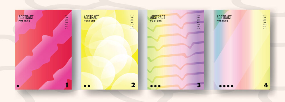 Abstract vibrant neon gradient posters with geometric overlay shapes and colorful fluid patterns.