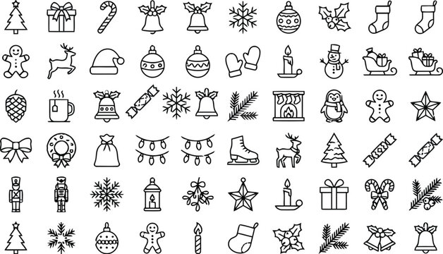 Winter Holiday Icons Black Line Art On White Background