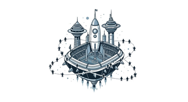 Futuristic Space Rocket Launching from Castle.
