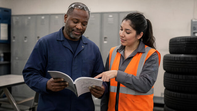 Diverse industrial mechanics review technical manual in repair shop