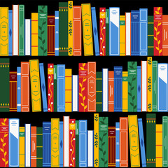 Seamless pattern with colorful bookshelves and rows of books. Black background illustration. Ideal for wrapping paper, textile prints, wallpapers, and educational backgrounds.  © Nati Matiushko
