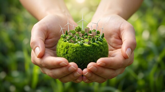 Cupped Hands Protecting a Small Green Eco Friendly Sustainable Village and Wind Turbines