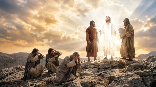 Jesus Christ transfigured on the mountain with Elijah and Moses before three amazed apostles. Biblical scene of glory and light. Spiritual art religion for Easter or Christmas theme.