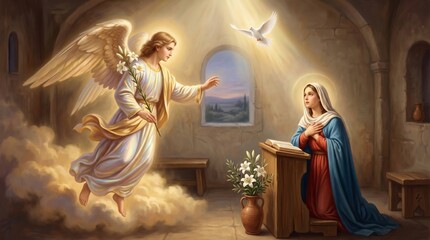 Obraz premium Angel Gabriel appearing to young woman Mary holding lily in room with dove. Bible annunciation scene. Religious painting representing Christian tradition and divine message of Christmas.