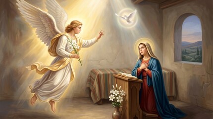 Obraz premium Angel Gabriel appearing to young woman Mary. Annunciation of Jesus birth scene. Biblical religious art featuring divine light and flying dove. Christian spiritual event painting.