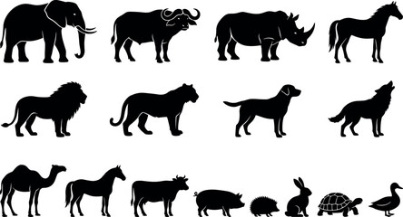 Wild African Safari and Domestic Farm Animal Black Silhouette Icon Set with Elephant Lion Rhino Horse Cow and Dog for Logo Design © Edo Rifandi!