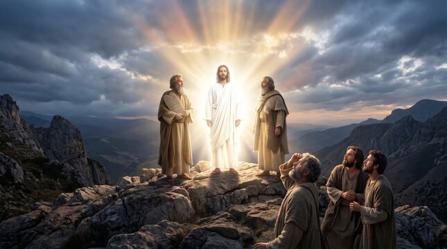 Jesus Christ transfigured on mountain with Moses and Elijah appearing before disciples. Biblical scene of light and divinity. Spiritual event from New Testament for religious concept.