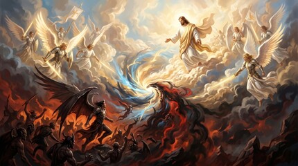 Obraz premium Jesus Christ appearing with angels fighting against demons and devil in battle scene. Biblical concept of spiritual war between light and darkness. Epic religious art representation.