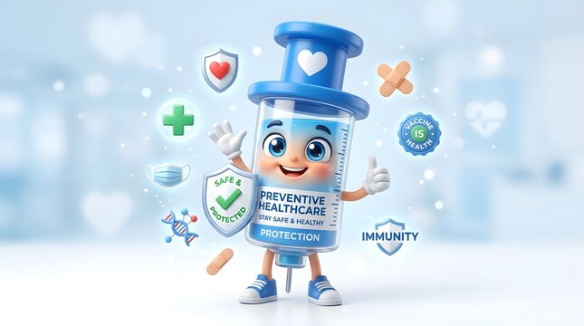 Friendly animated bottle mascot promoting immune system protection with health icons