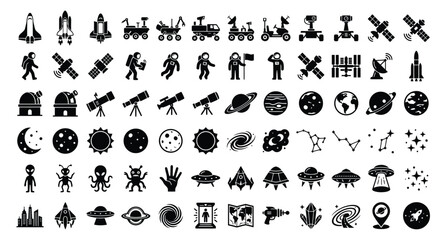 A grid sheet of 50 unique minimalist vector icons, showcasing space exploration, astronomy, and futuristic galaxy concepts .eps © MDSHAMSUDDIN