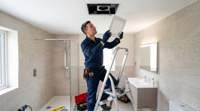 Handyman holding a ventilation grille while standing on a ladder in a bathroom. Professional worker repairing a ceiling bathroom fan. Home improvement, maintenance and appliance service.