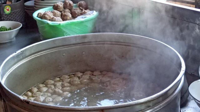 Large cooking pot filled with steaming meatball soup and assorted meatballs, showcasing authentic Indonesian culinary tradition.