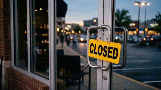 Closed sign hanging on glass door of store. Small business shop owner indicating end of working day or temporary shutdown. Retail commerce communication for customer in evening city.